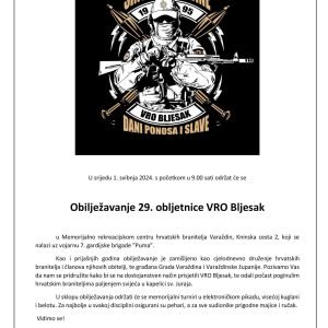 Pozivnica obilježavanje 29. obljetnice VRO “Bljesak”